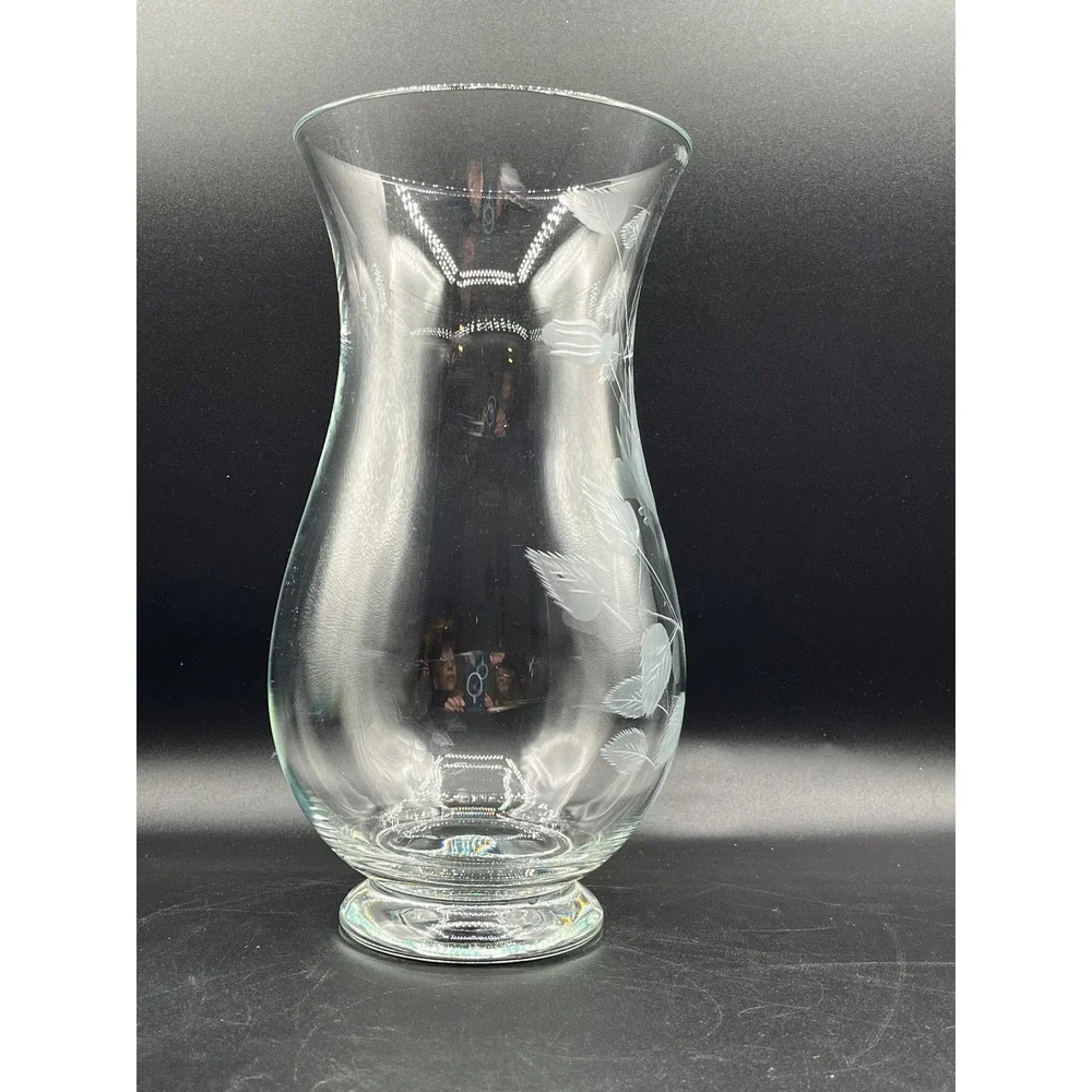 Clear Glass Vase Etched Floral Rose Leaves Footed‎ Pedestal Base Home 9.5